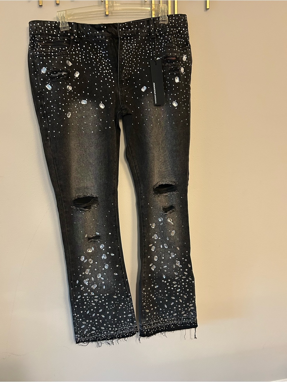 Black/Dark Grey Skinny Jeans with Silver Stud and Distressed Detail